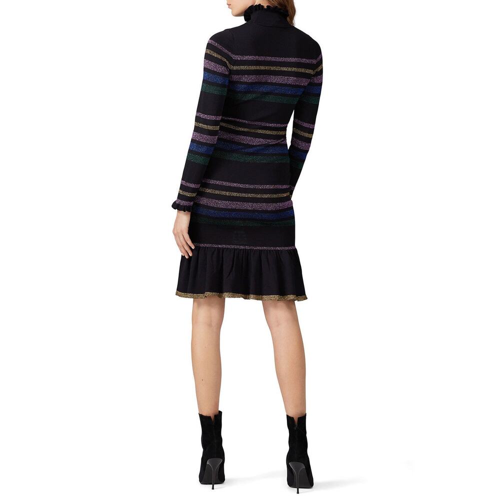 Shoshanna Evette Black Striped Knit Long Sleeve Ruffle Mock Neck Sweater Dress S - Picture 3 of 14
